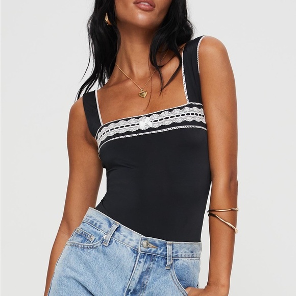 Princess Polly Tops - Princess Polly Black Bodysuit with Lace Detail